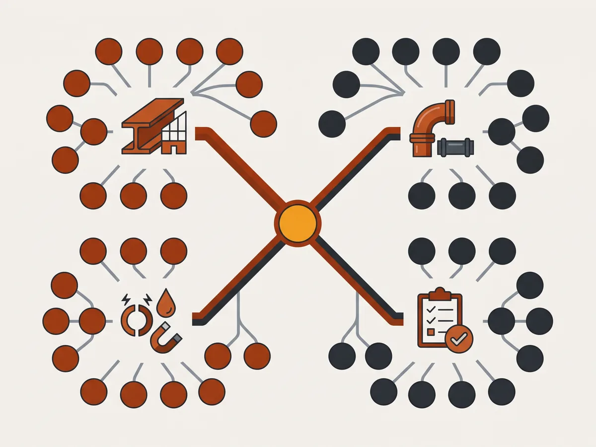 A branching diagram with a central amber hub connecting to four endorsement families: an I-beam icon for structural, a pipe elbow icon for piping and pipeline, a magnet and droplet icon for the inspection methods, and a checklist icon for the qualifier and coordination endorsements.