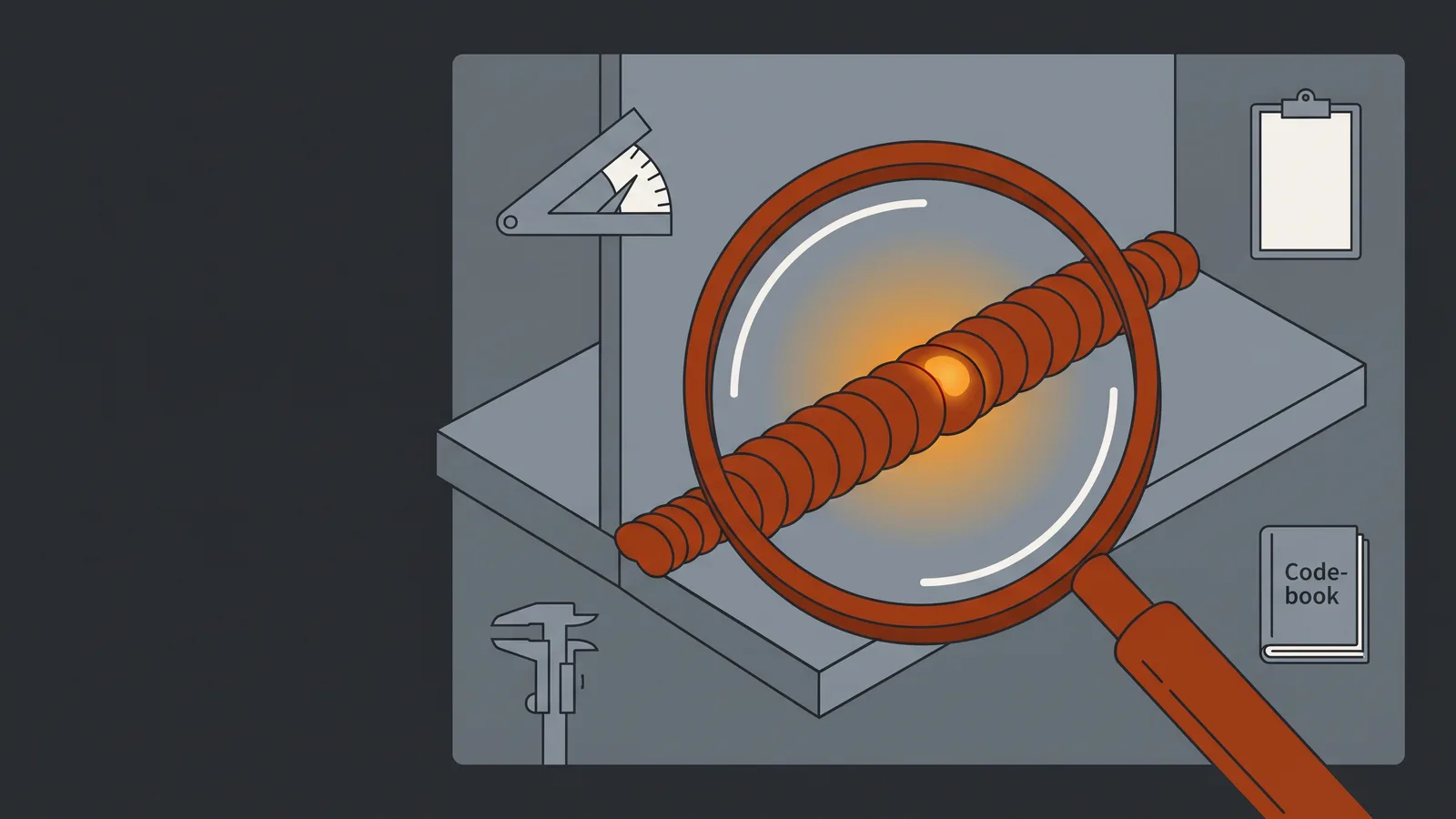 An illustration of a magnifier held over a glowing weld bead on an inspection-bay panel, surrounded by inspection tools: a fillet gauge, calipers, a clipboard, and a code book.